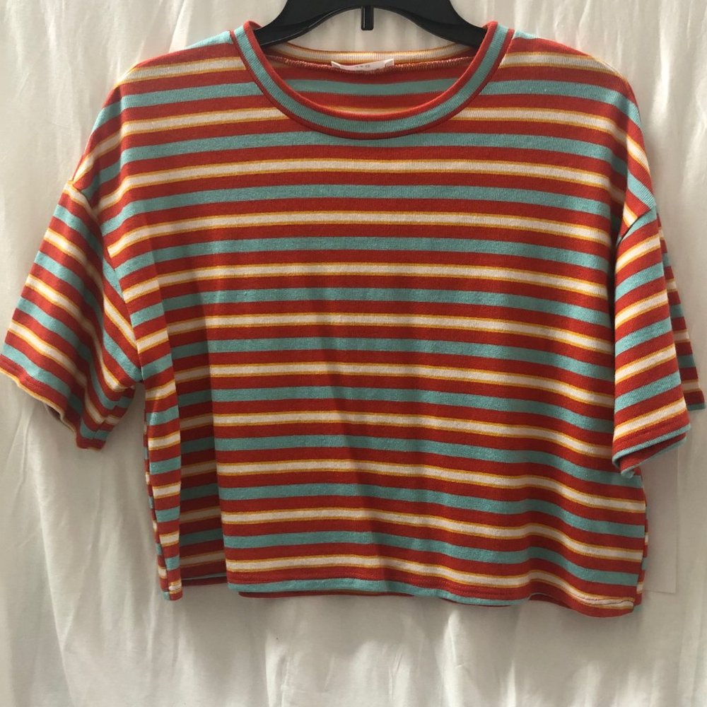 orange, blue and yellow stripe shirt